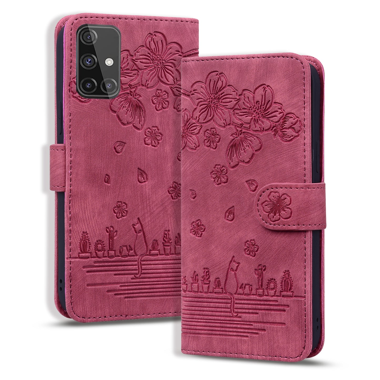 Cat Cherry Blossoms Galaxy A71 Grils Case Retro Leather Embossing Wallet Stand