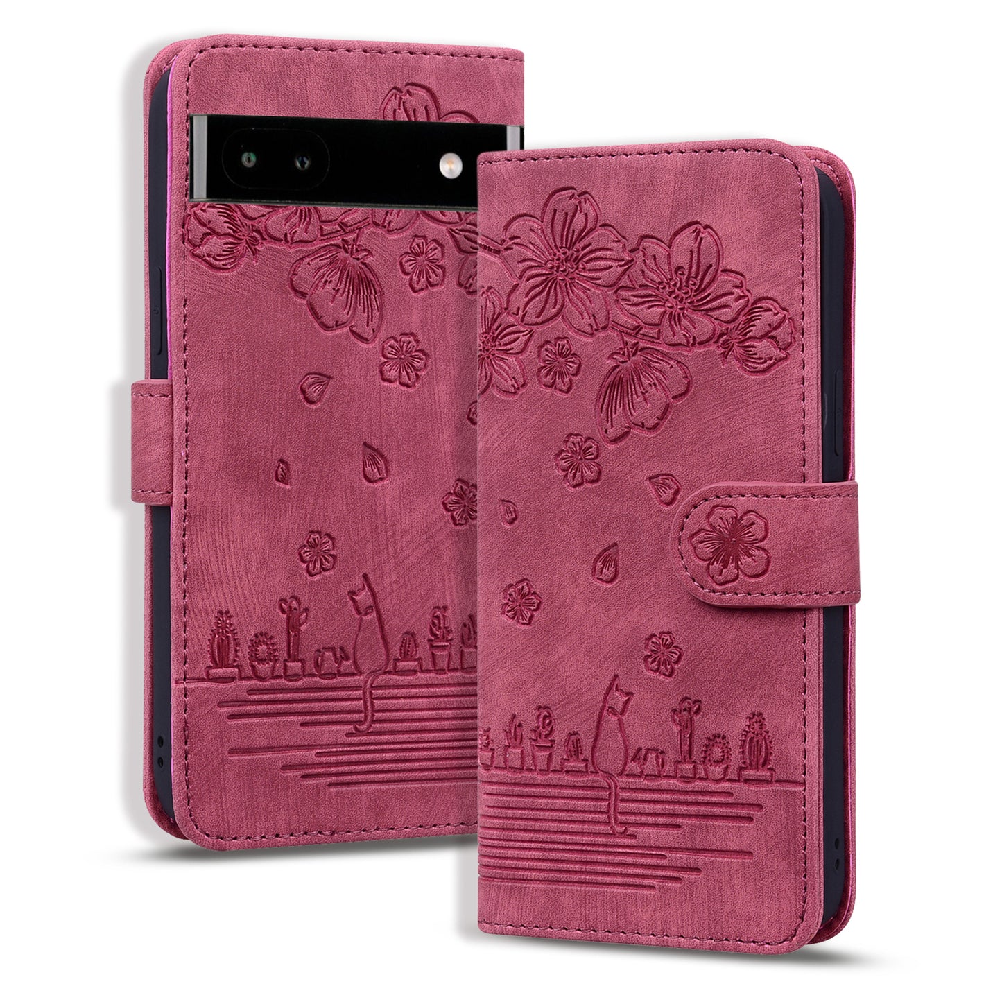 Cat Cherry Blossoms Google Pixel 7A Grils Case Retro Leather Embossing Wallet Stand