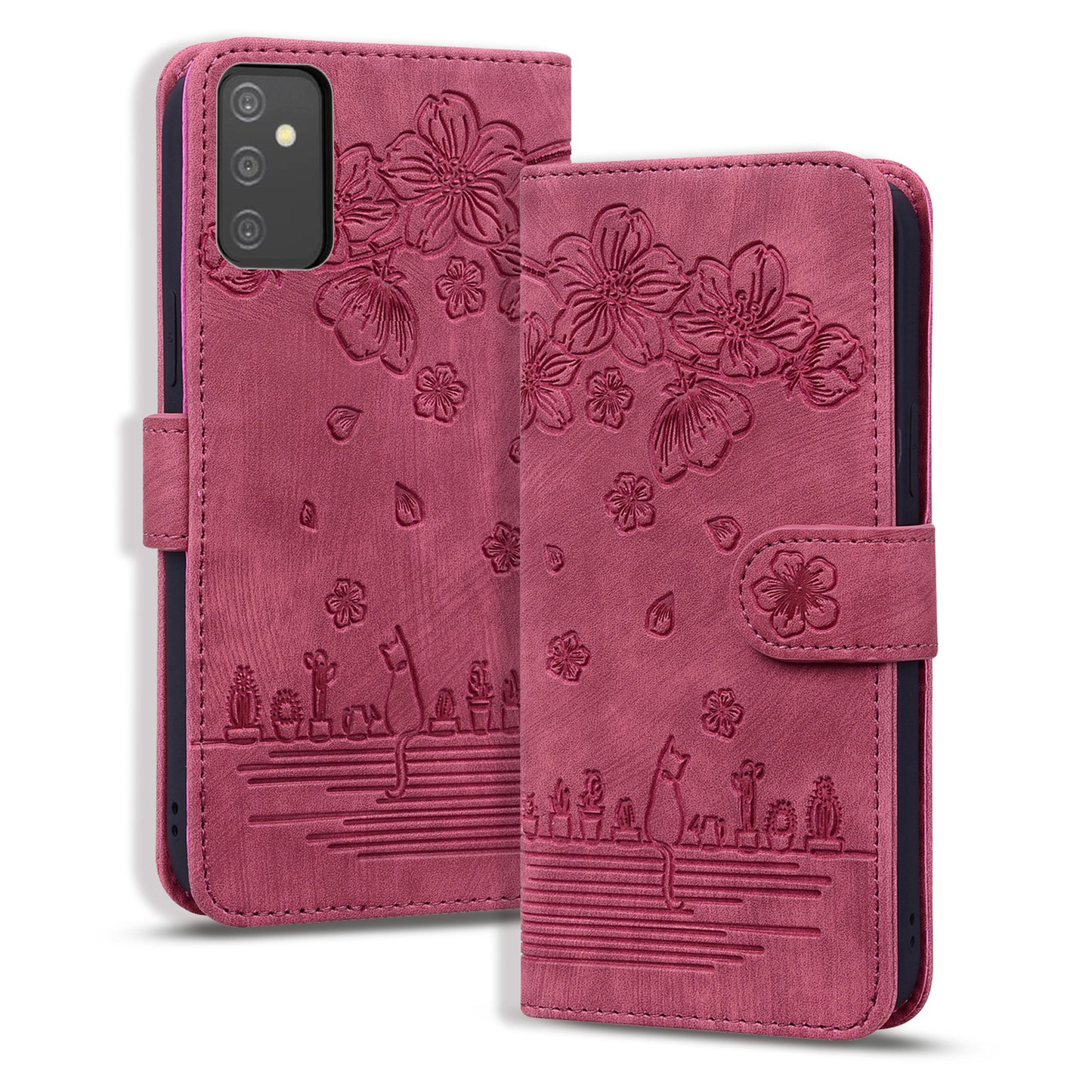 Cat Cherry Blossoms Galaxy A34 Grils Case Retro Leather Embossing Wallet Stand