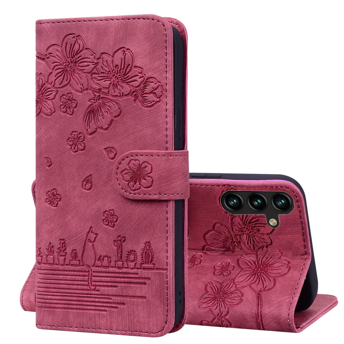 Cat Cherry Blossoms Galaxy A14 Grils Case Retro Leather Embossing Wallet Stand