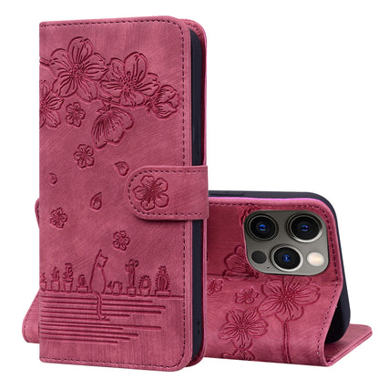 Cat Cherry Blossoms iPhone 15 Grils Case Retro Leather Embossing Wallet Stand