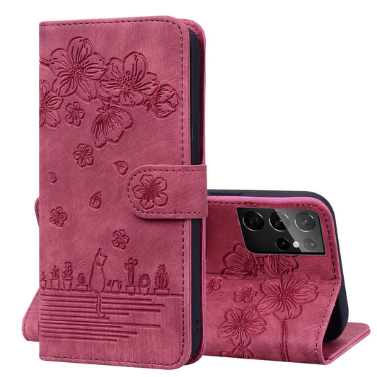 Cat Cherry Blossoms Galaxy S20 Ultra Grils Case Retro Leather Embossing Wallet Stand