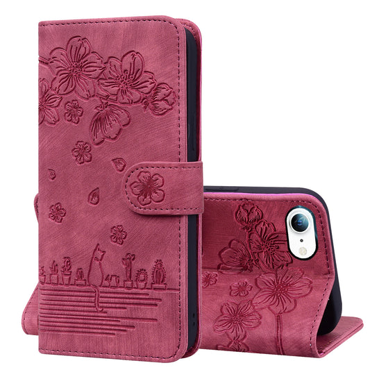 Cat Cherry Blossoms iPhone SE (2020) Grils Case Retro Leather Embossing Wallet Stand