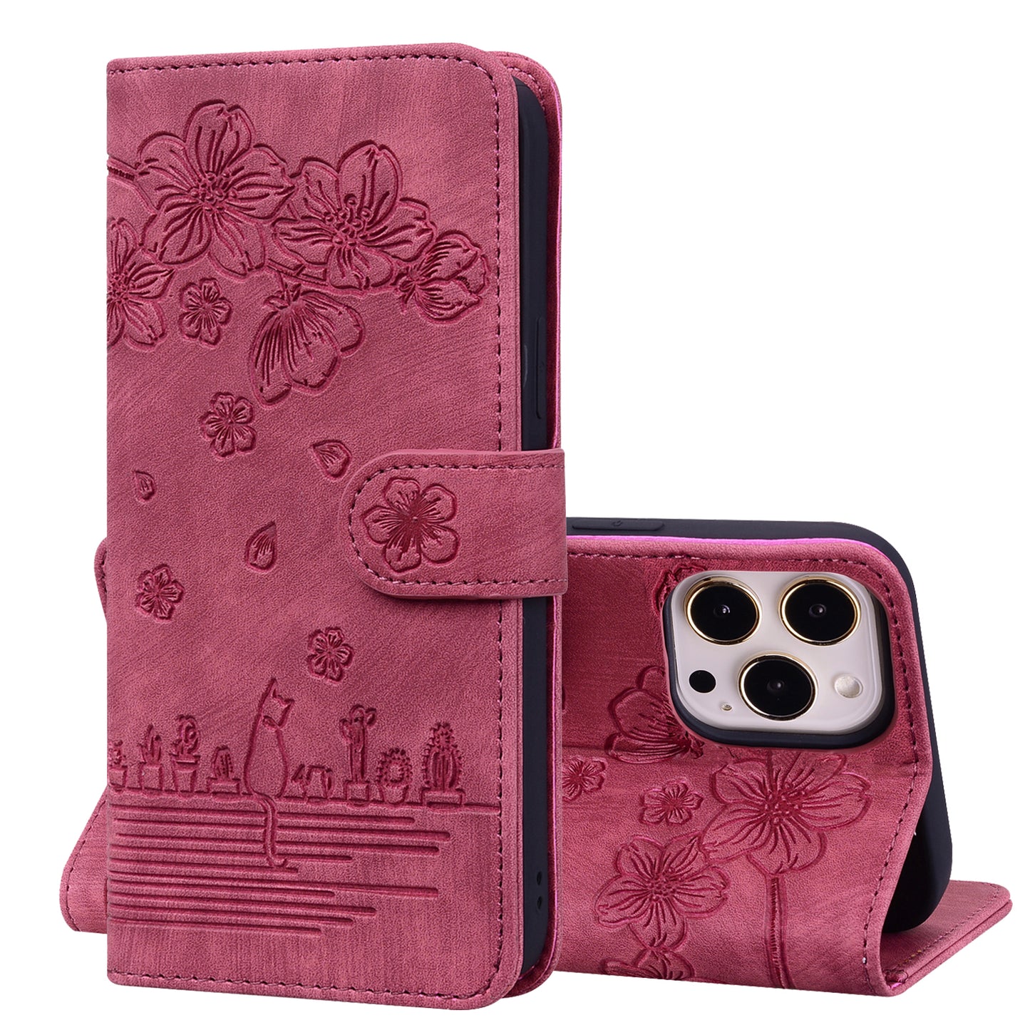 Cat Cherry Blossoms iPhone 12 Pro Max Grils Case Retro Leather Embossing Wallet Stand