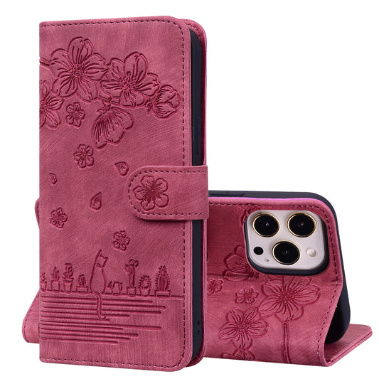 Cat Cherry Blossoms iPhone 12 Pro Max Grils Case Retro Leather Embossing Wallet Stand