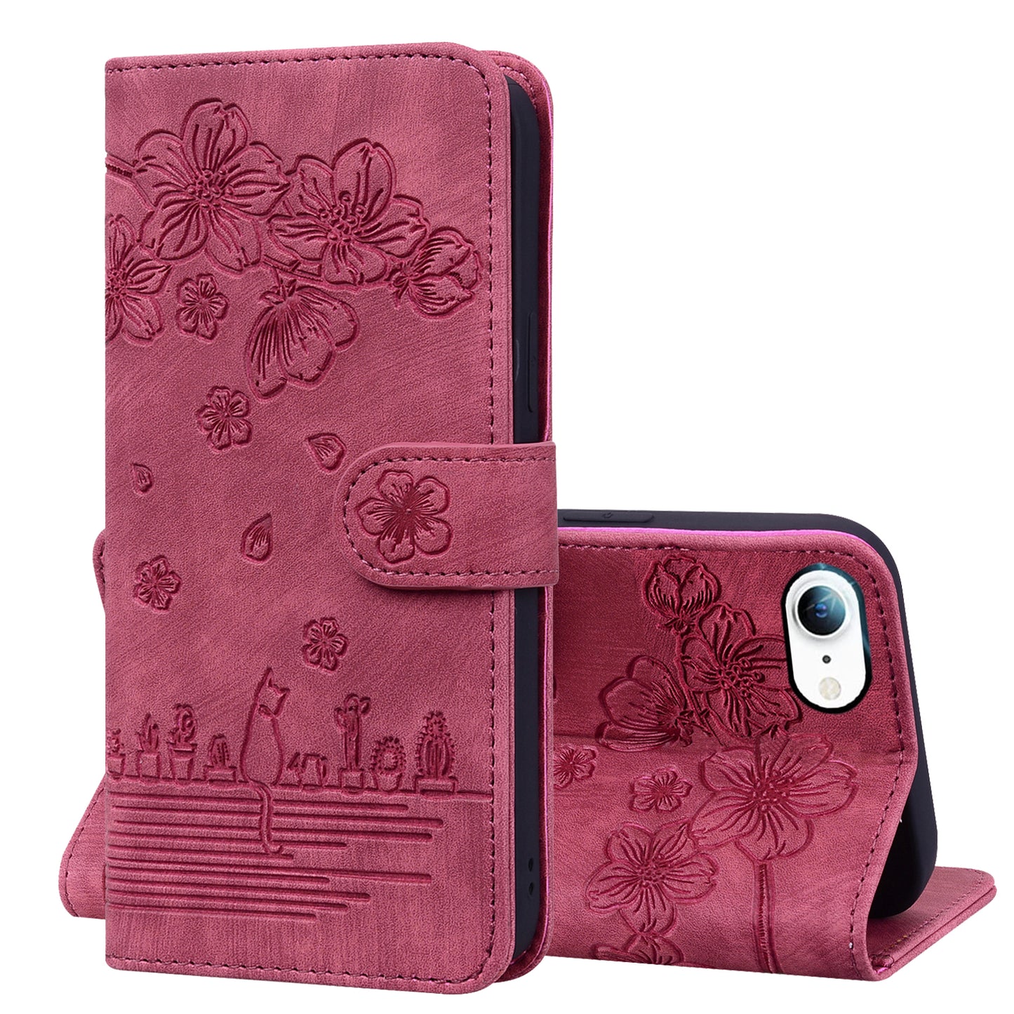 Cat Cherry Blossoms iPhone 7 Grils Case Retro Leather Embossing Wallet Stand