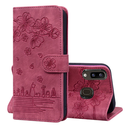 Cat Cherry Blossoms Galaxy A20 Grils Case Retro Leather Embossing Wallet Stand