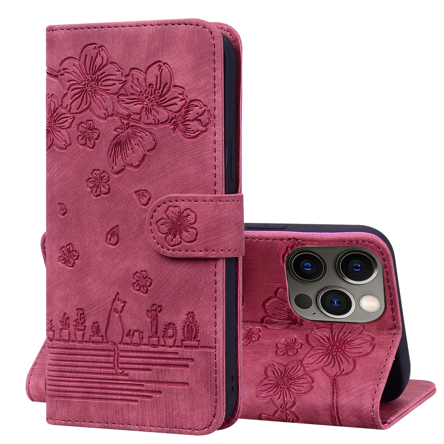 Cat Cherry Blossoms iPhone 15 Plus Grils Case Retro Leather Embossing Wallet Stand