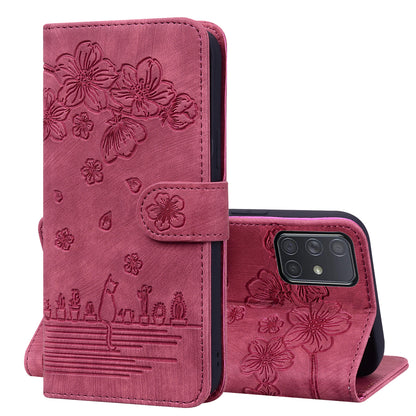 Cat Cherry Blossoms Galaxy A51 Grils Case Retro Leather Embossing Wallet Stand