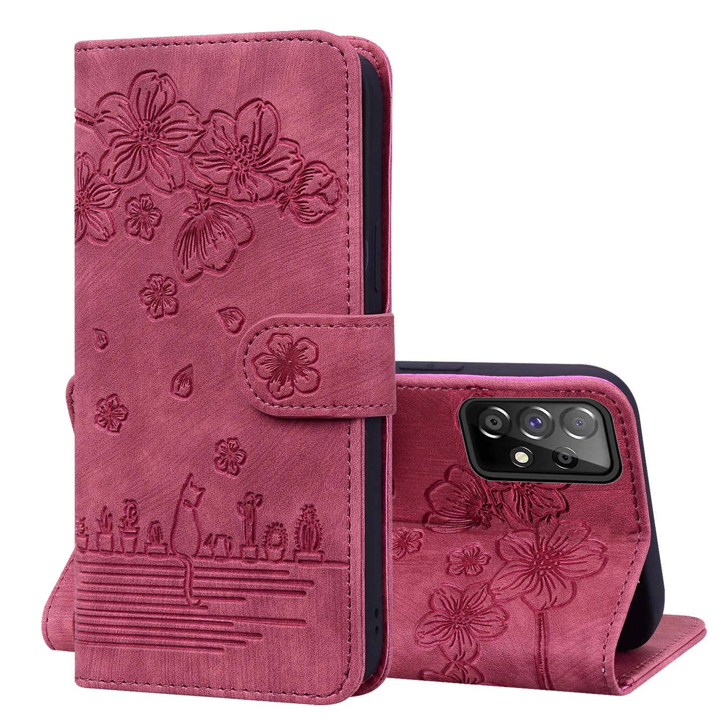 Cat Cherry Blossoms Galaxy A53 Grils Case Retro Leather Embossing Wallet Stand