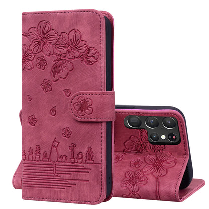 Cat Cherry Blossoms Galaxy S22 Ultra Grils Case Retro Leather Embossing Wallet Stand