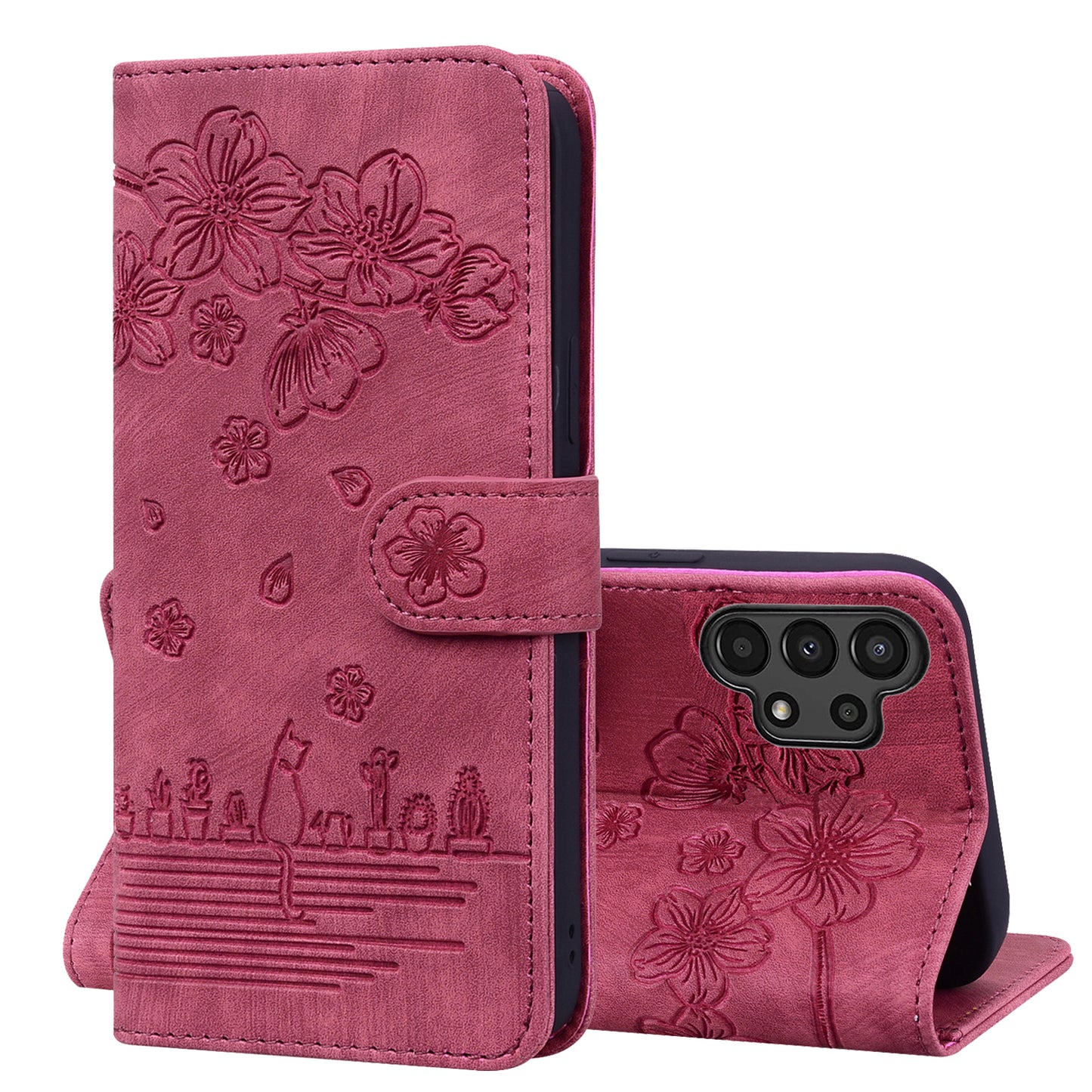 Cat Cherry Blossoms Galaxy A04s Grils Case Retro Leather Embossing Wallet Stand