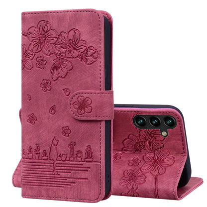 Cat Cherry Blossoms Galaxy S23 FE Grils Case Retro Leather Embossing Wallet Stand