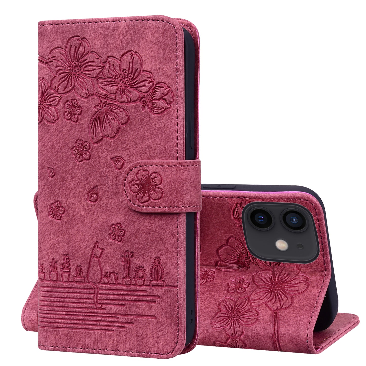 Cat Cherry Blossoms iPhone 12 Grils Case Retro Leather Embossing Wallet Stand