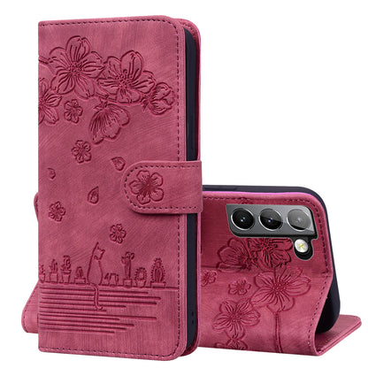 Cat Cherry Blossoms Galaxy S22 Grils Case Retro Leather Embossing Wallet Stand