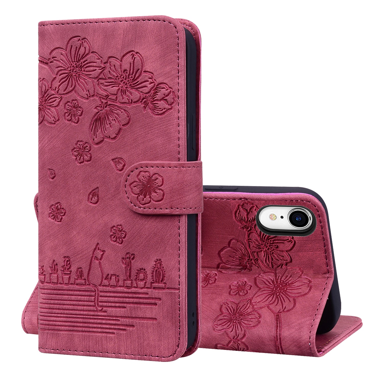 Cat Cherry Blossoms iPhone XR Grils Case Retro Leather Embossing Wallet Stand