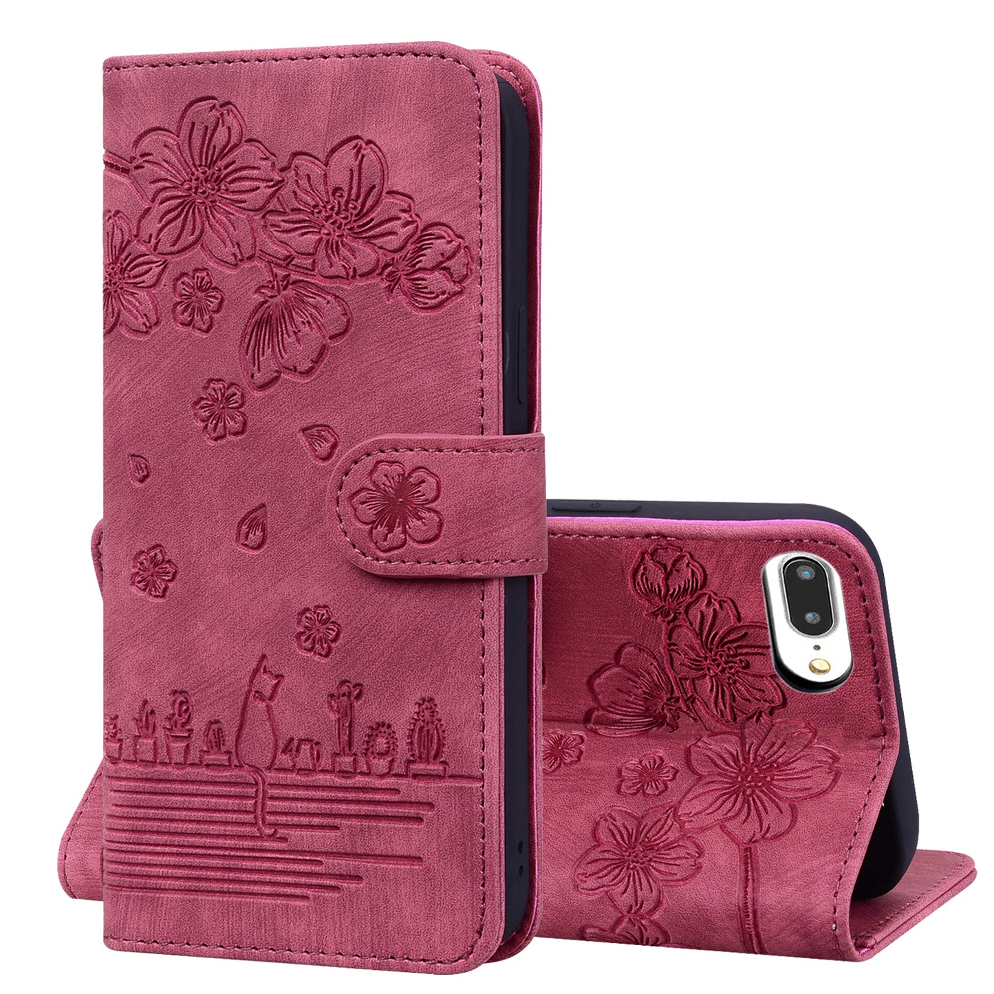 Cat Cherry Blossoms iPhone 7 Plus Grils Case Retro Leather Embossing Wallet Stand