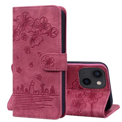 Cat Cherry Blossoms iPhone 13 Mini Grils Case Retro Leather Embossing Wallet Stand