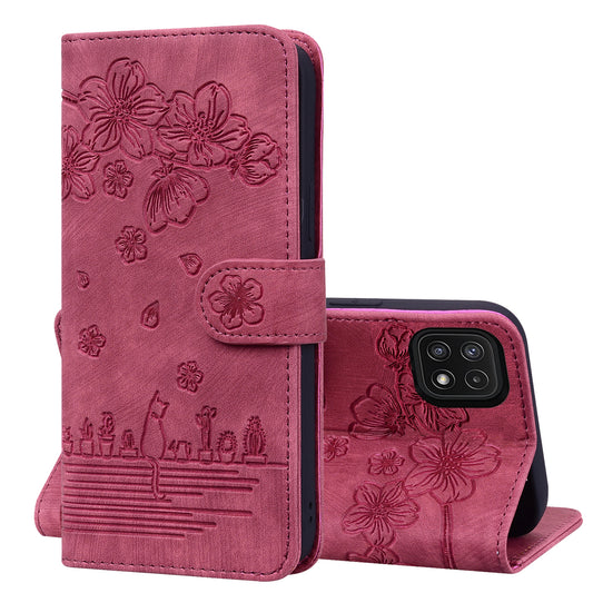 Cat Cherry Blossoms Galaxy A22s Grils Case Retro Leather Embossing Wallet Stand