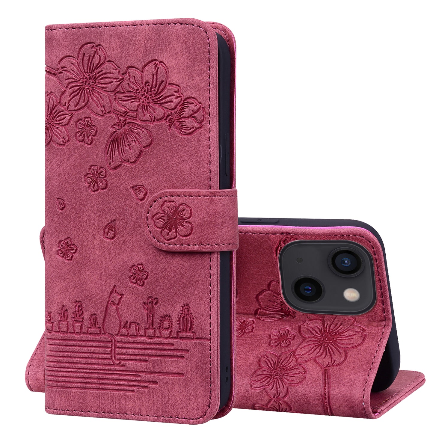 Cat Cherry Blossoms iPhone 13 Grils Case Retro Leather Embossing Wallet Stand