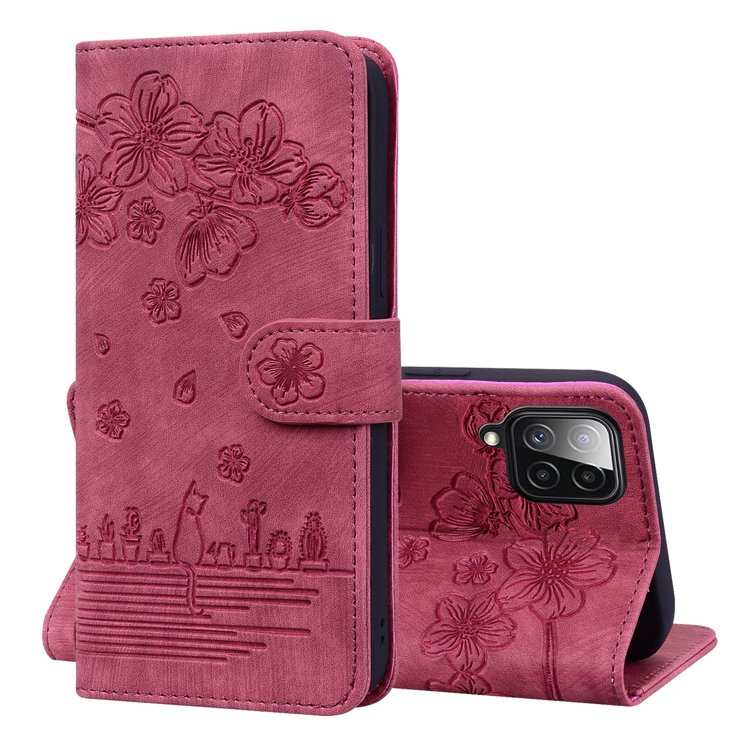 Cat Cherry Blossoms Galaxy A22 Grils Case Retro Leather Embossing Wallet Stand