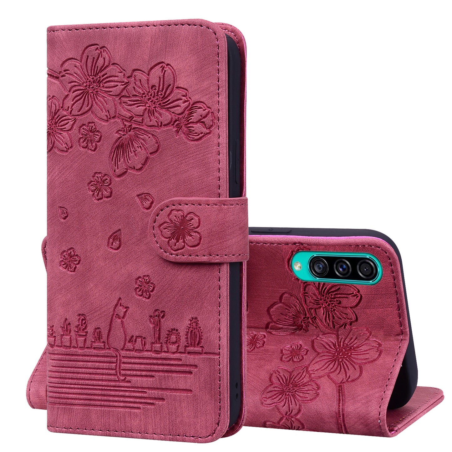 Cat Cherry Blossoms Galaxy A50s Grils Case Retro Leather Embossing Wallet Stand