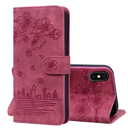 Cat Cherry Blossoms iPhone X Xs Grils Case Retro Leather Embossing Wallet Stand