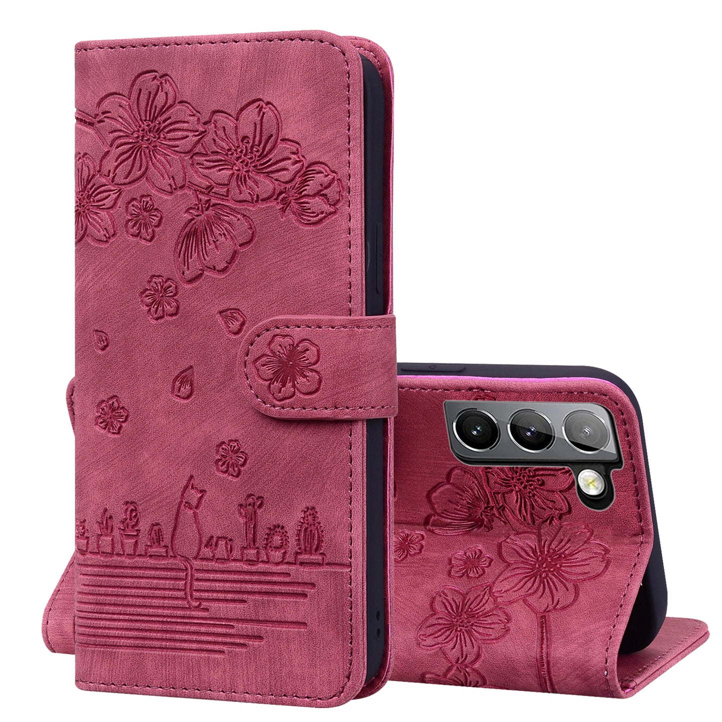 Cat Cherry Blossoms Galaxy S22+ Grils Case Retro Leather Embossing Wallet Stand