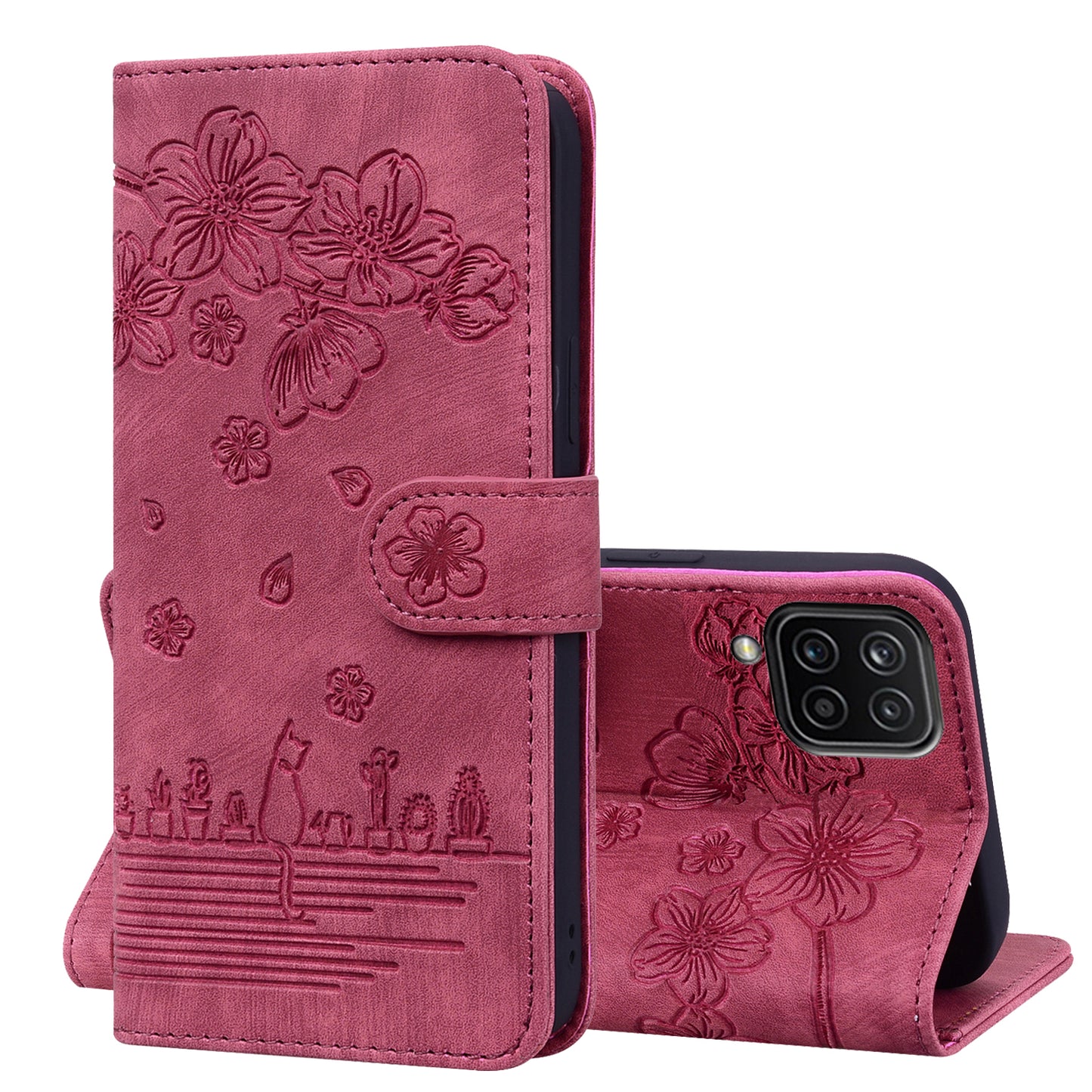 Cat Cherry Blossoms Galaxy A03s Grils Case Retro Leather Embossing Wallet Stand