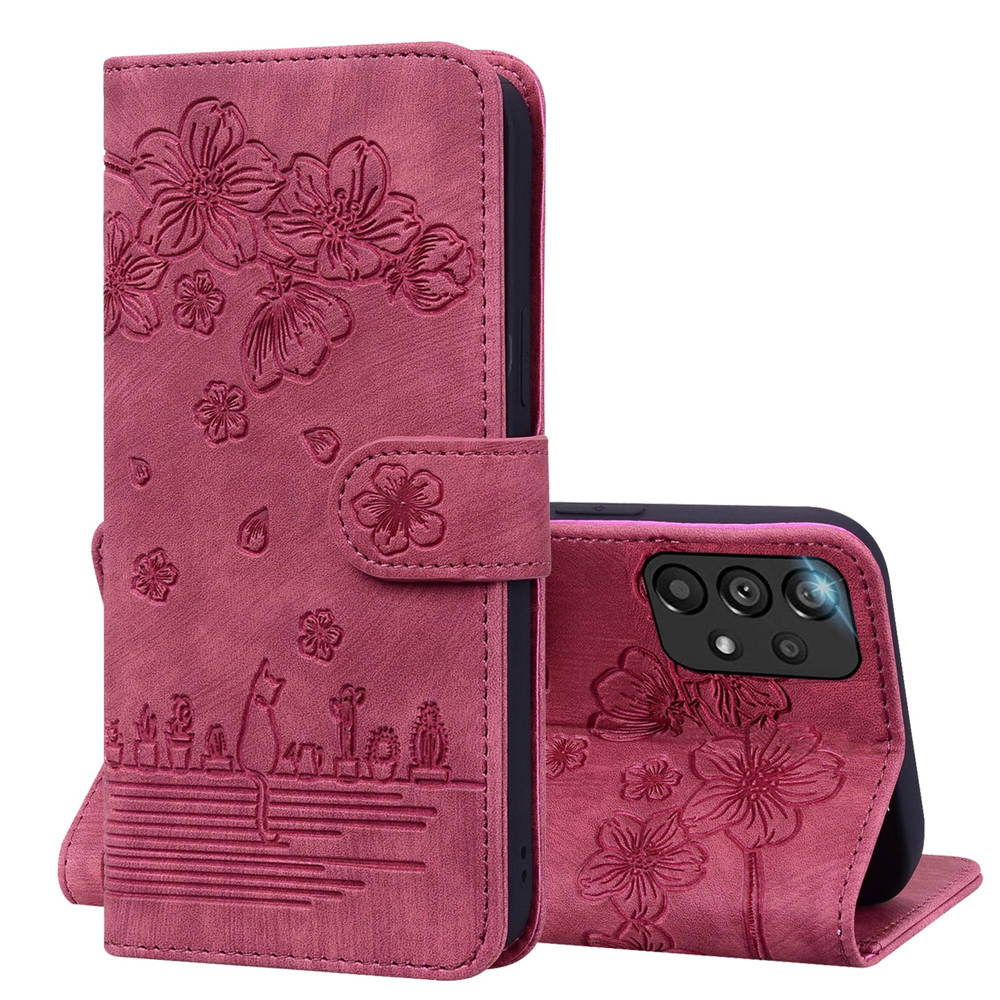 Cat Cherry Blossoms Galaxy A23 Grils Case Retro Leather Embossing Wallet Stand