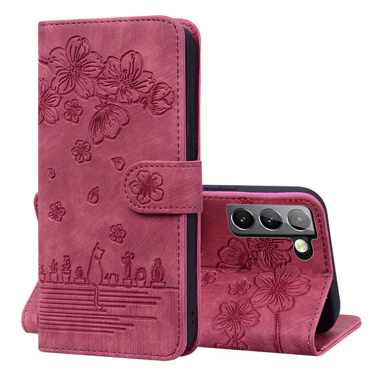 Cat Cherry Blossoms Galaxy S21 Grils Case Retro Leather Embossing Wallet Stand