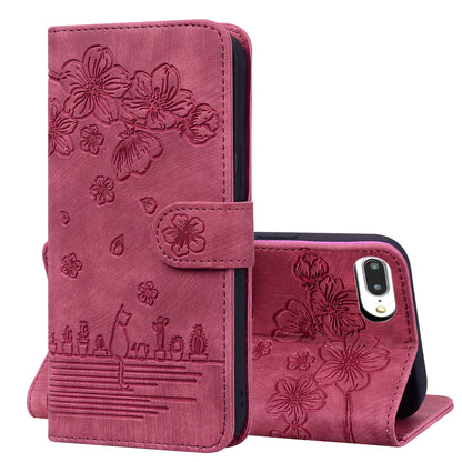 Cat Cherry Blossoms iPhone 8 Plus Grils Case Retro Leather Embossing Wallet Stand