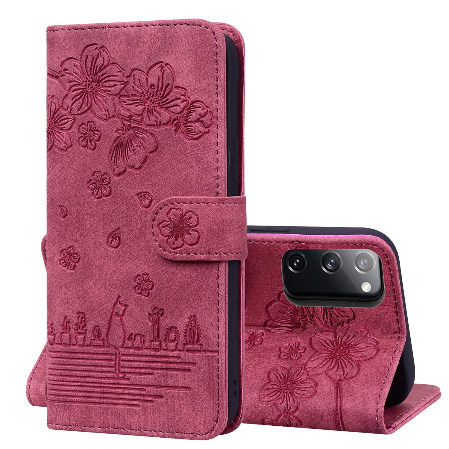 Cat Cherry Blossoms Galaxy S20 Grils Case Retro Leather Embossing Wallet Stand