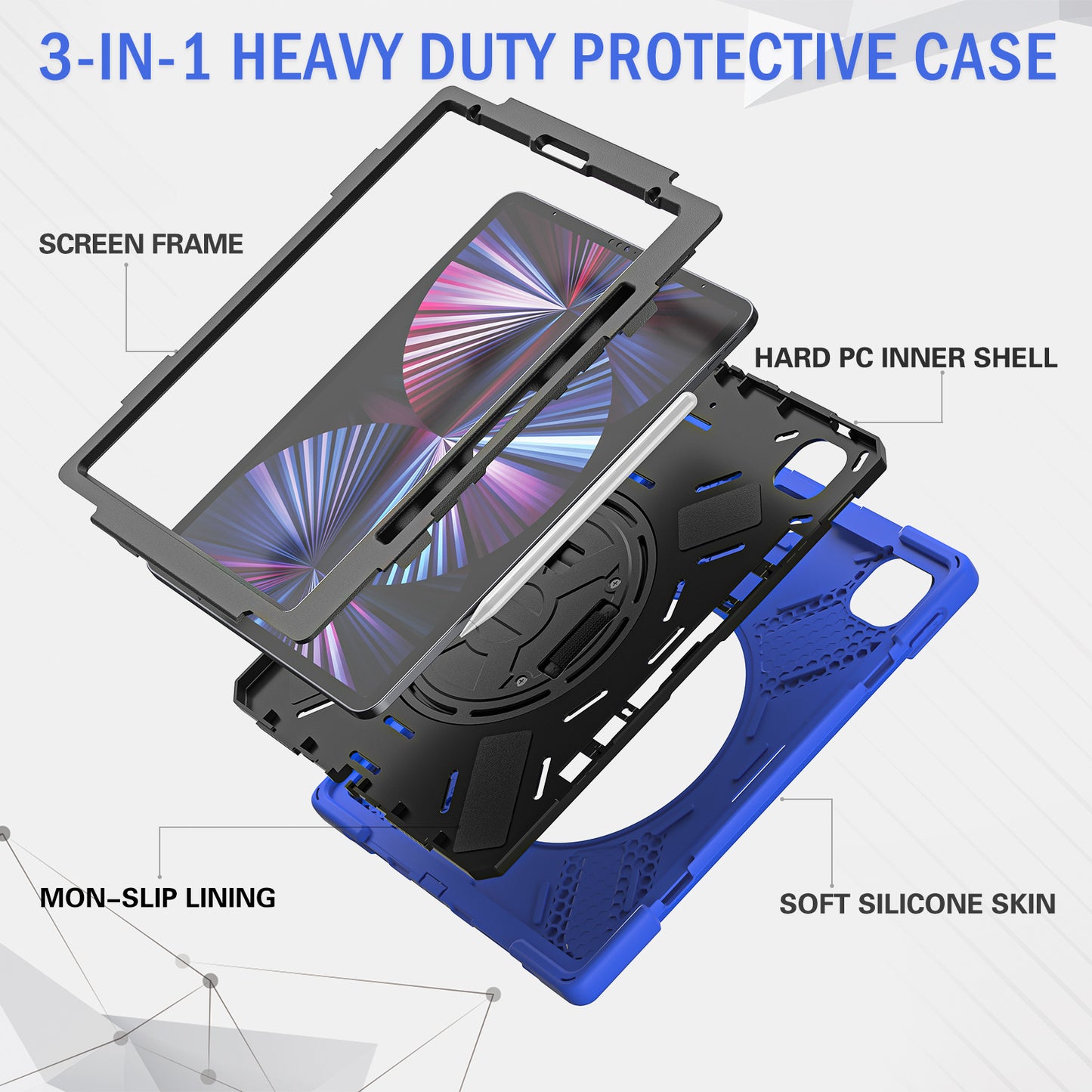 Pirate King iPad Pro 12.9 (2020) Case 360 Rotating Stand with Hand Holder Shoulder Strap