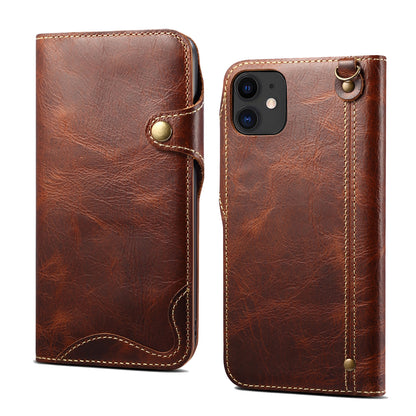 Waxed Cowhide Leather iPhone 12 Mini Fastener Case Wallet Stand with Hand Strap