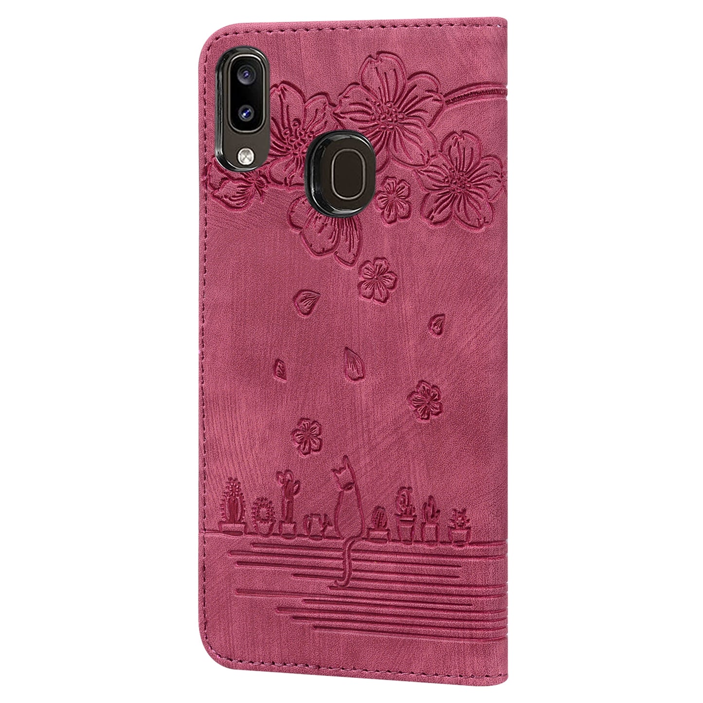 Cat Cherry Blossoms Galaxy A30 Grils Case Retro Leather Embossing Wallet Stand