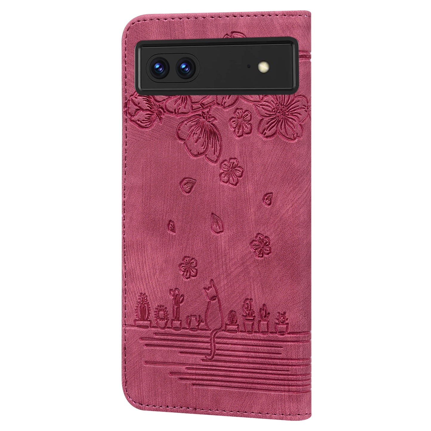 Cat Cherry Blossoms Google Pixel 7 Grils Case Retro Leather Embossing Wallet Stand