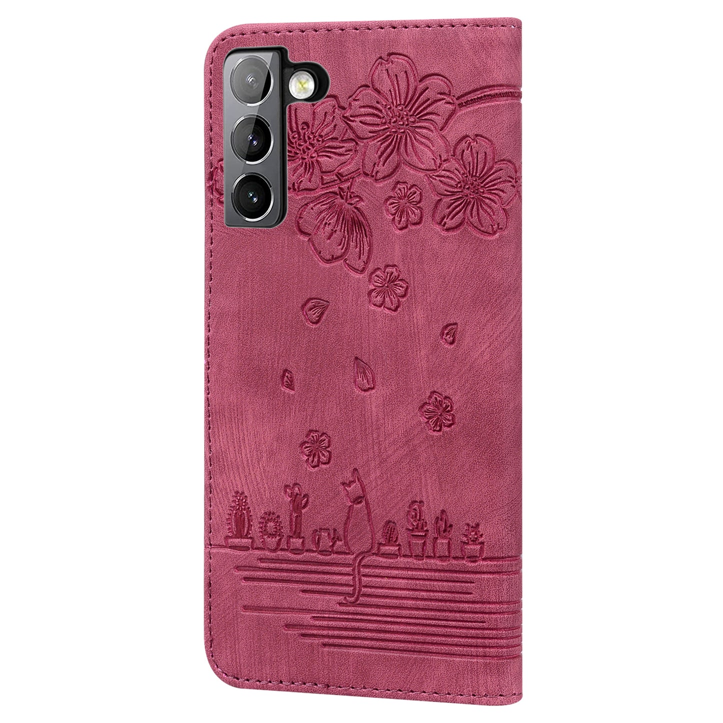 Cat Cherry Blossoms Galaxy S21 Grils Case Retro Leather Embossing Wallet Stand