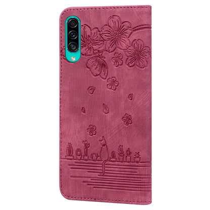 Cat Cherry Blossoms Galaxy A50 Grils Case Retro Leather Embossing Wallet Stand