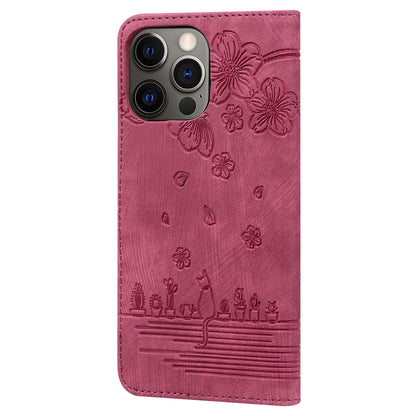 Cat Cherry Blossoms iPhone 15 Pro Max Grils Case Retro Leather Embossing Wallet Stand