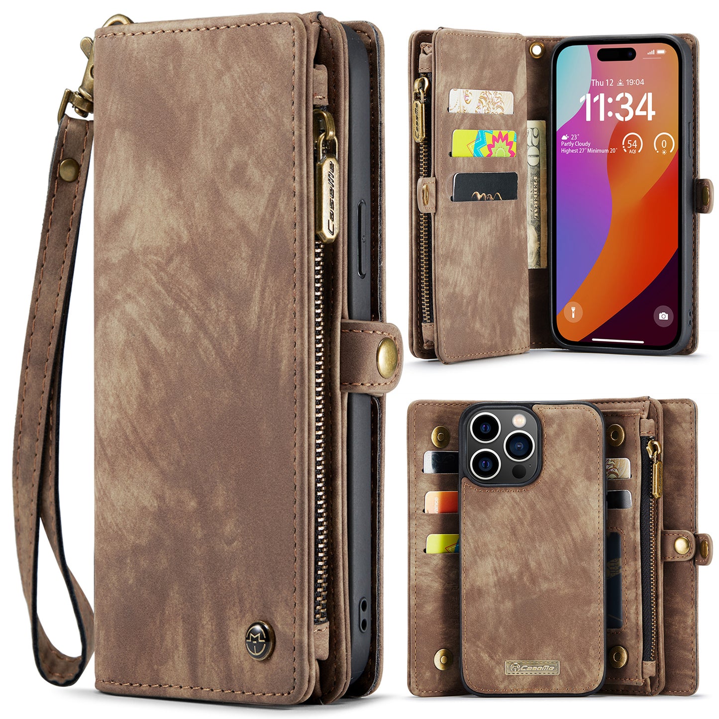 CASEME Vertical Card Holder iPhone 15 Pro Leather Case Lanyard