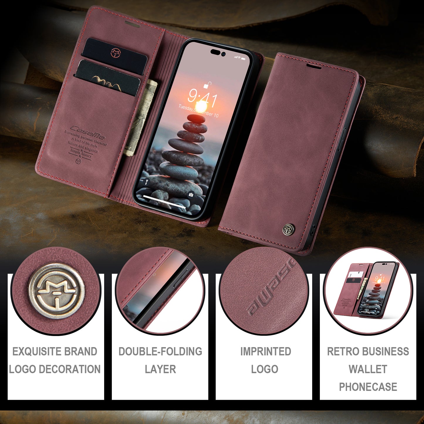 CASEME Luxury Antique iPhone 14 Pro Max Leather Case Wallet