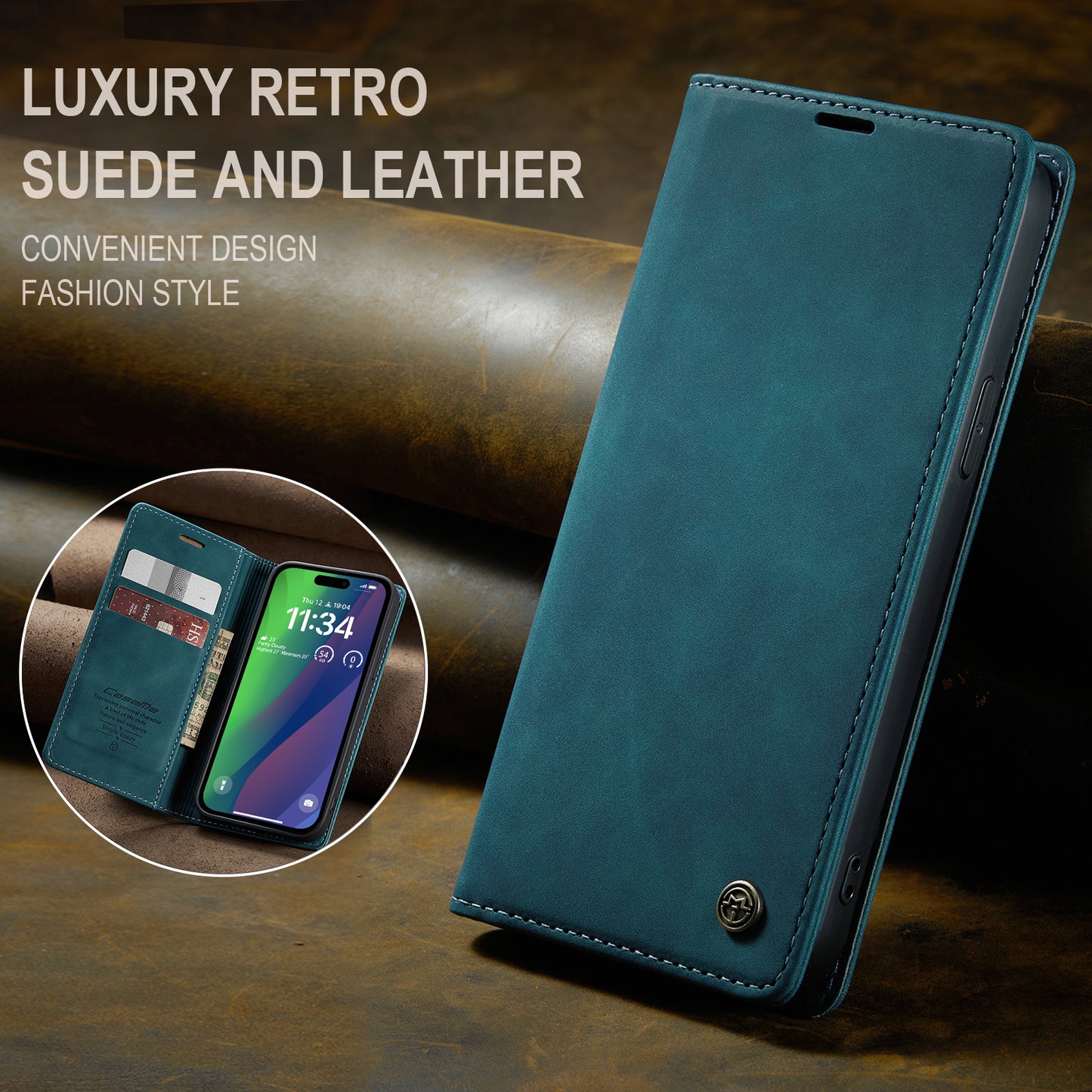 CASEME Luxury Antique iPhone 15 Plus Leather Case Wallet