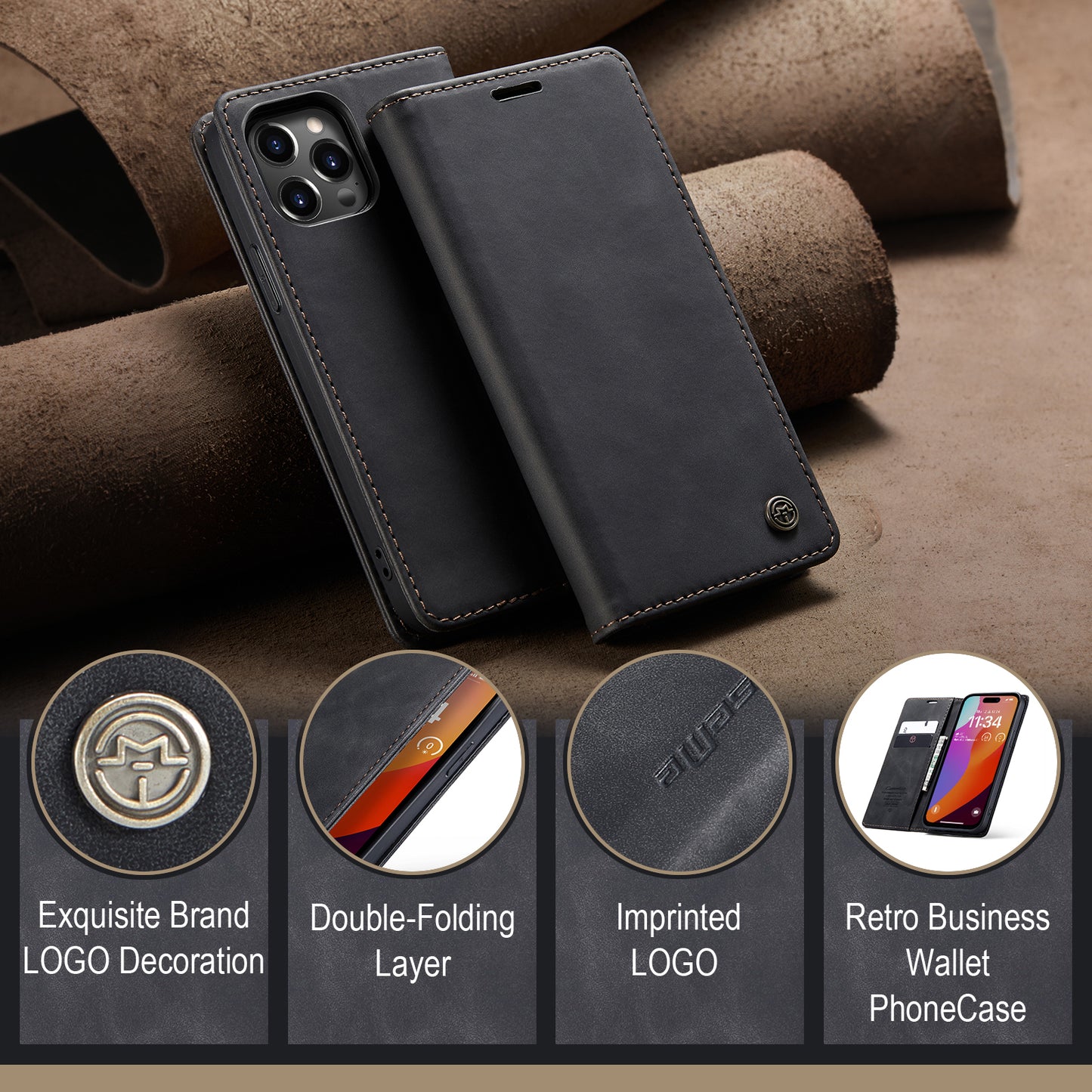 CASEME Luxury Antique iPhone 15 Pro Leather Case Wallet