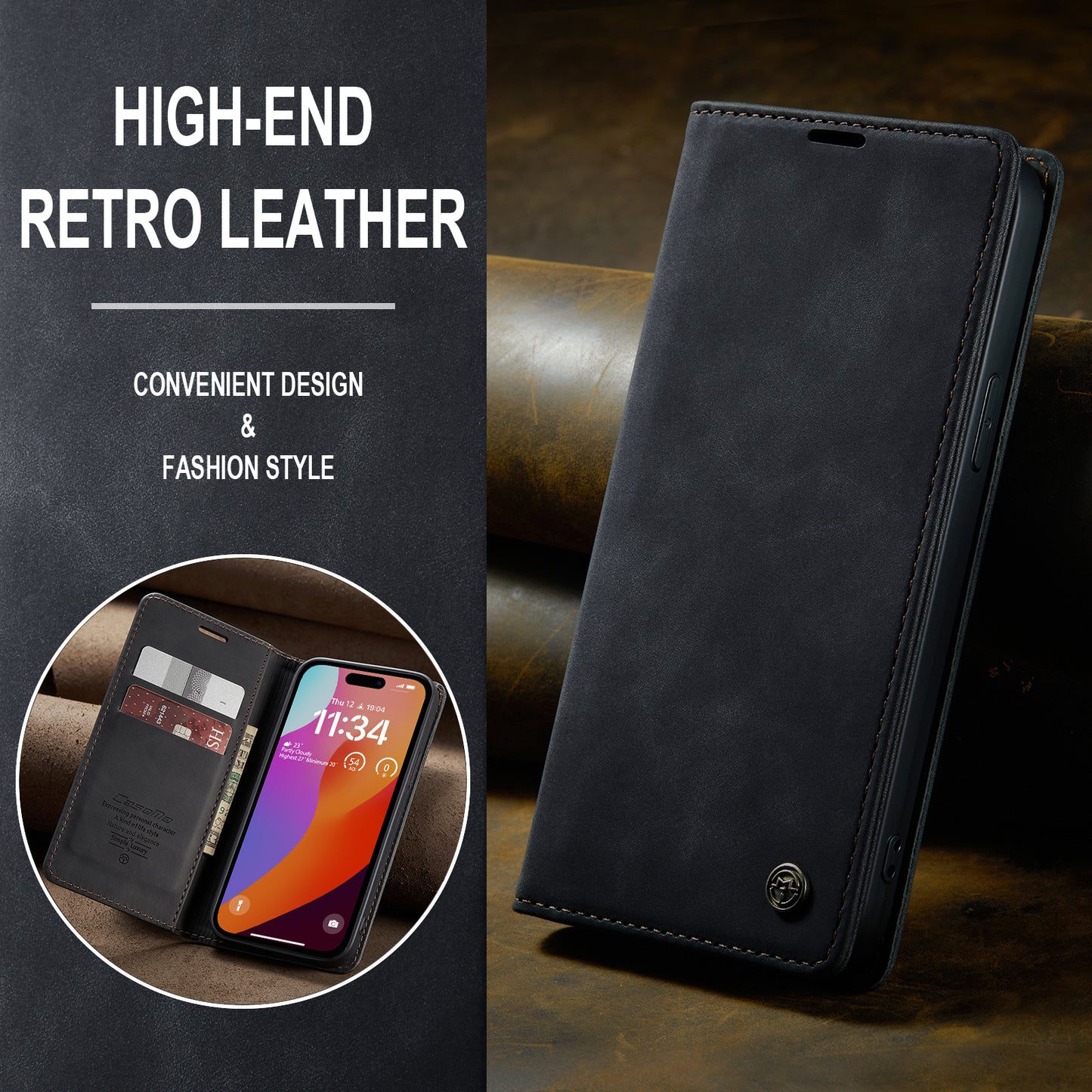 CASEME Luxury Antique iPhone 15 Pro Leather Case Wallet