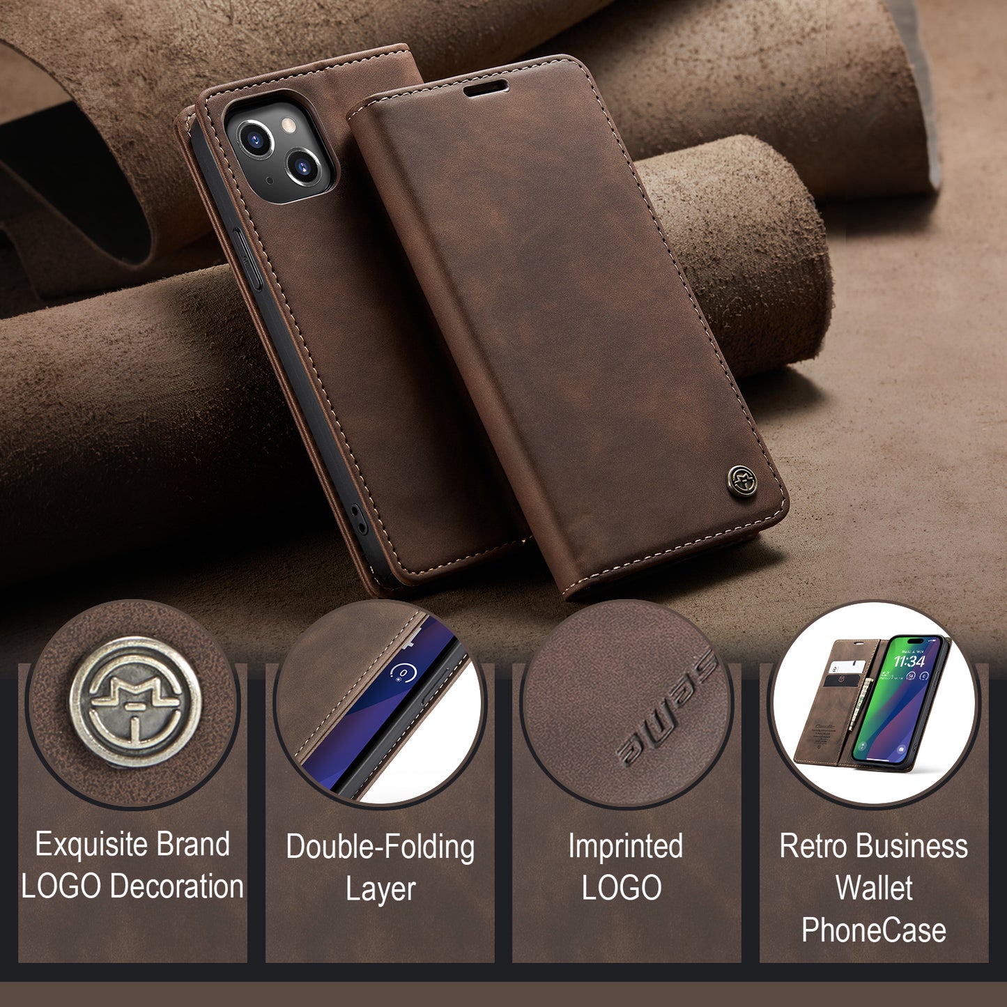 CASEME Luxury Antique iPhone 15 Leather Case Wallet