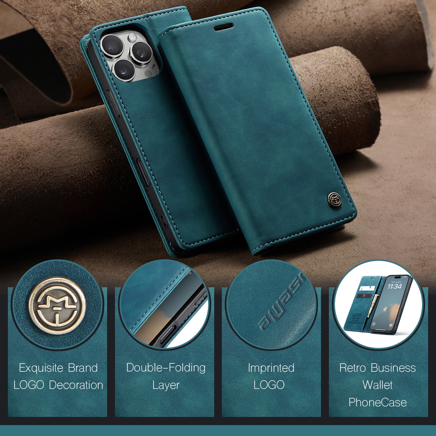 CASEME Luxury Antique iPhone 16 Pro Leather Case Wallet