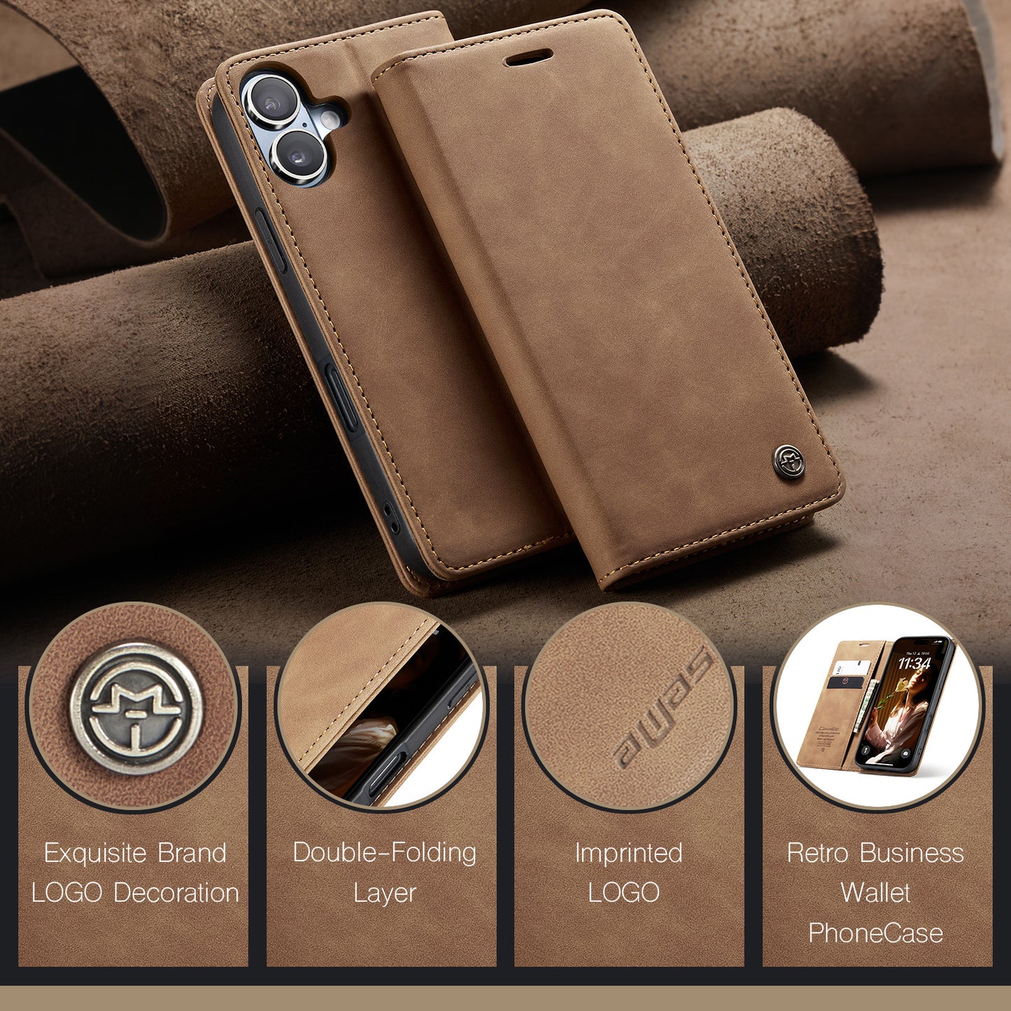 CASEME Luxury Antique iPhone 16 Plus Leather Case Wallet