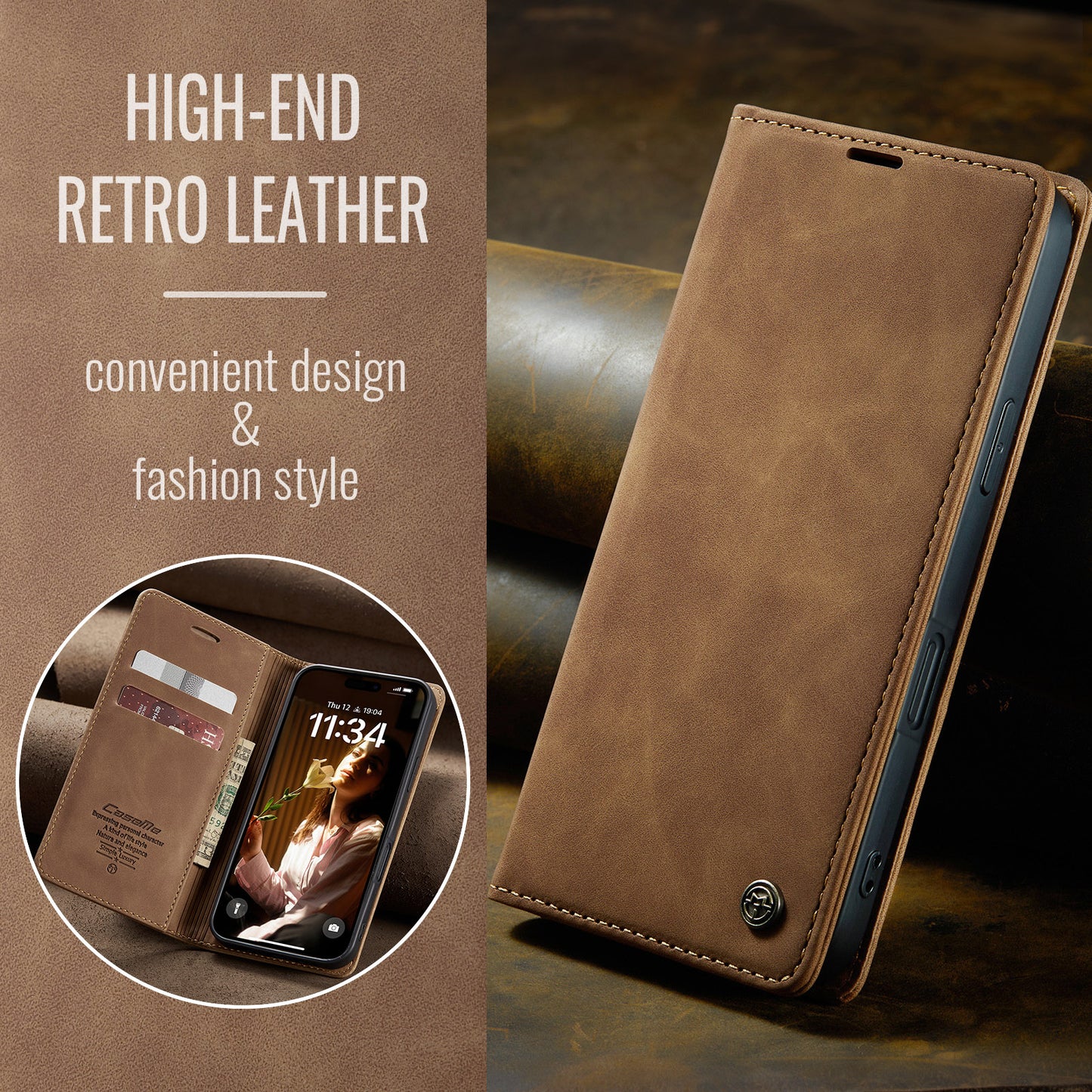 CASEME Luxury Antique iPhone 16 Plus Leather Case Wallet