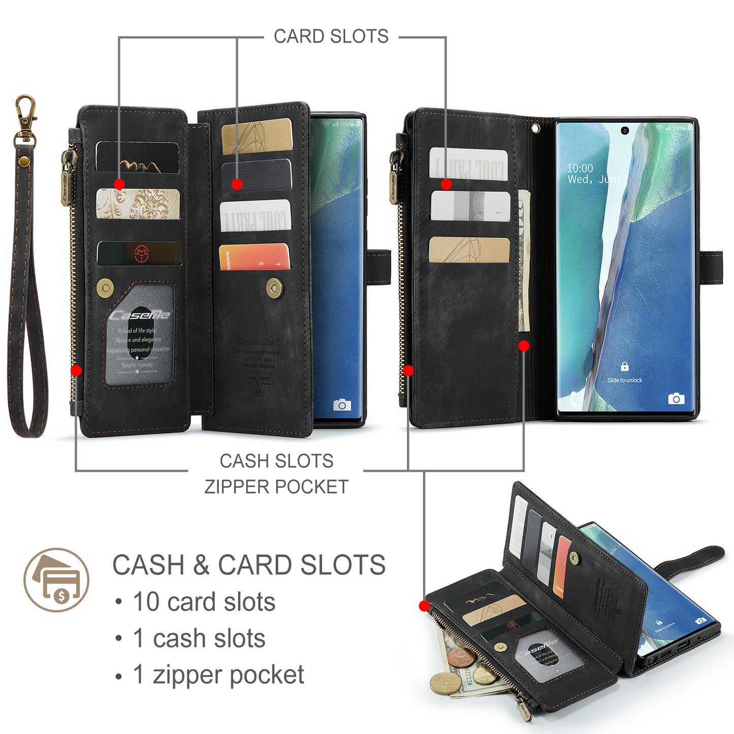 CASEME Multi-card Hand Strap Galaxy Note20 Ultra Leather Case